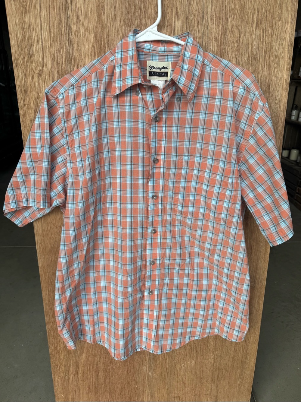 Wrangler Orange and Light Blue Plaid Short-Sleeve Button-Up Shirt
